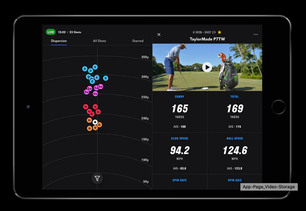Tablet displaying golf analytics software with a golfer on the screen