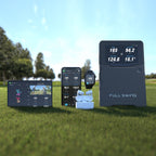Golf technology devices including a tablet, smartphone, and smartwatch on a grassy field with 'Full Swing' branding.