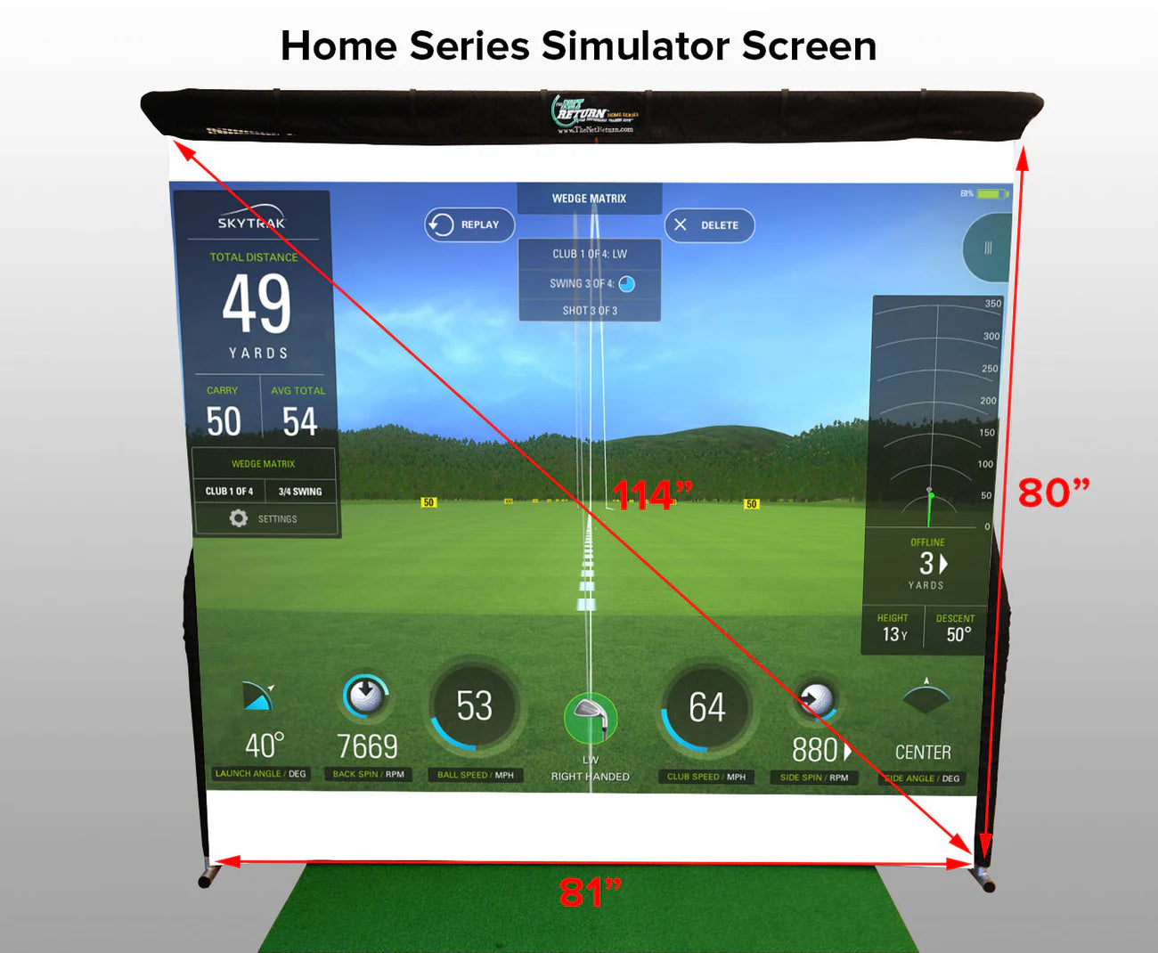 Golf simulator screen with dimensions labeled on a gray background