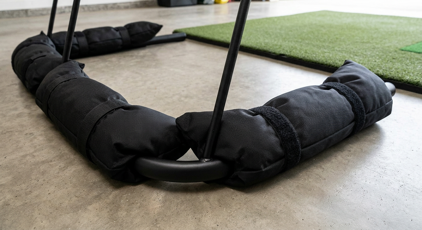 Black exercise ring on a concrete floor with grass in the background