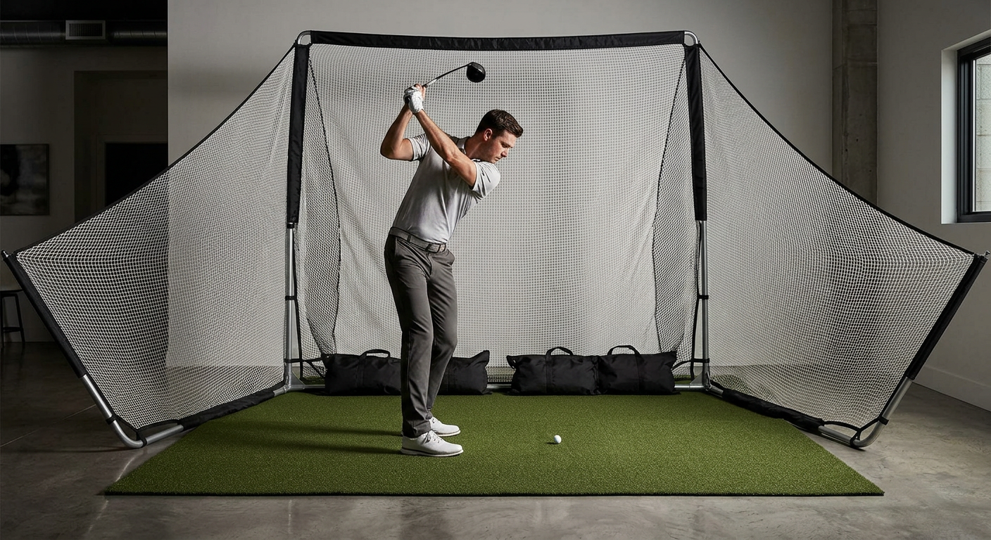 Person practicing golf swings in a home setting with a golf net and mat.