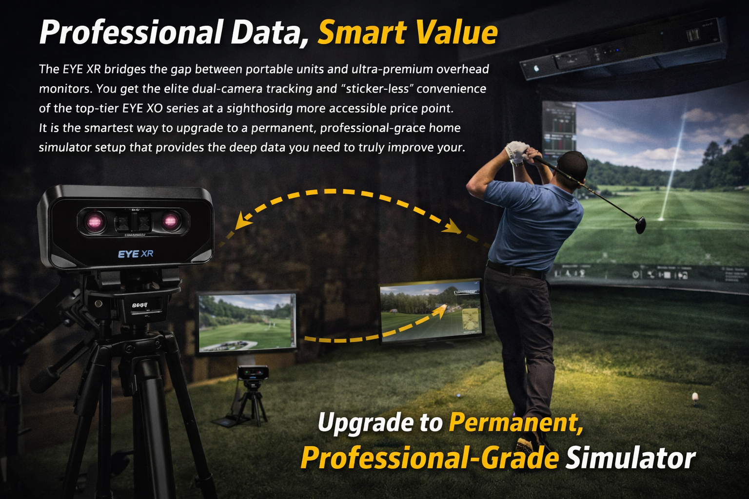 Golf simulator setup with EYE XR technology, showing a golfer swinging a club on a screen.