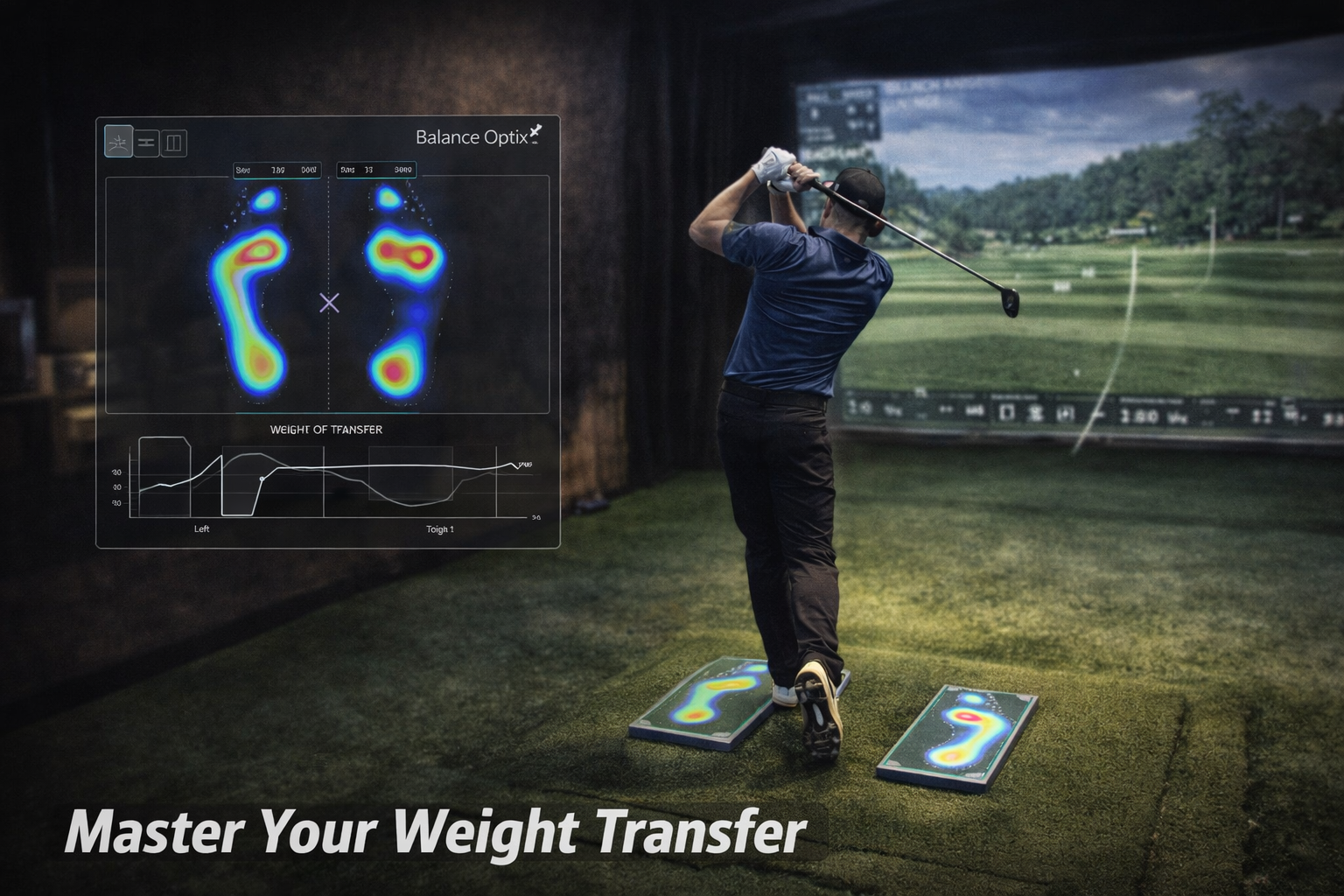 Person playing golf simulator with weight transfer analysis on screen