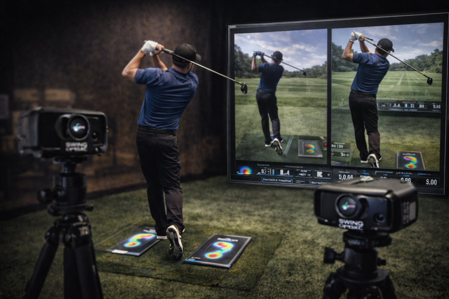 Golfer practicing with a screen displaying video feedback on a grassy area.