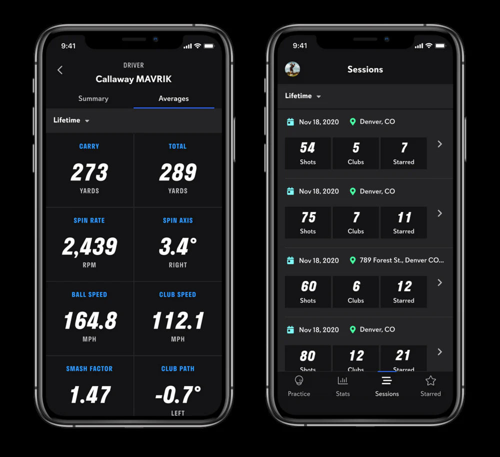 Two smartphone screens displaying golf analytics software with detailed statistics on a black background.