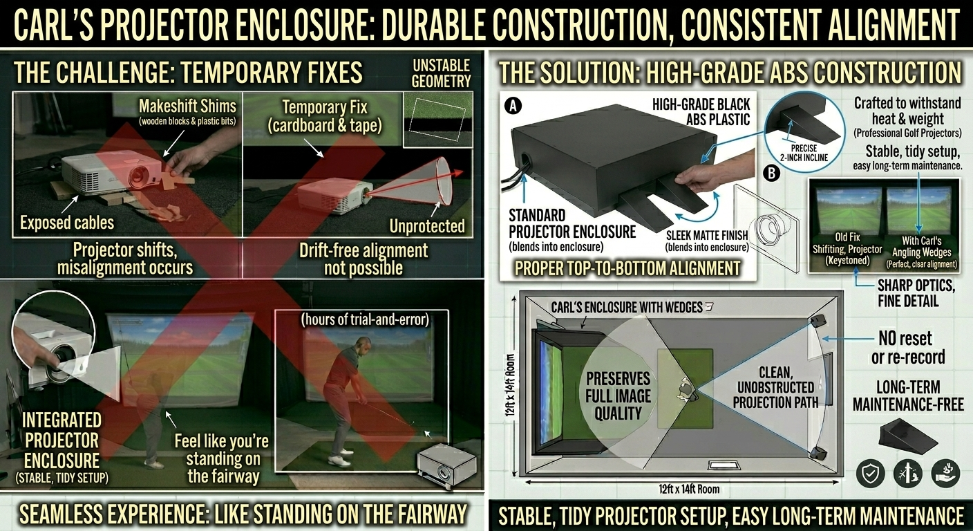 Advertisement for Carl's projector enclosure highlighting durable construction and consistent alignment.