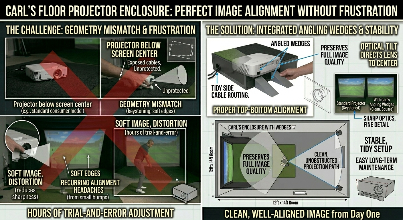 Diagram of Carl's floor projector enclosure solution with text explaining the challenge and solution.