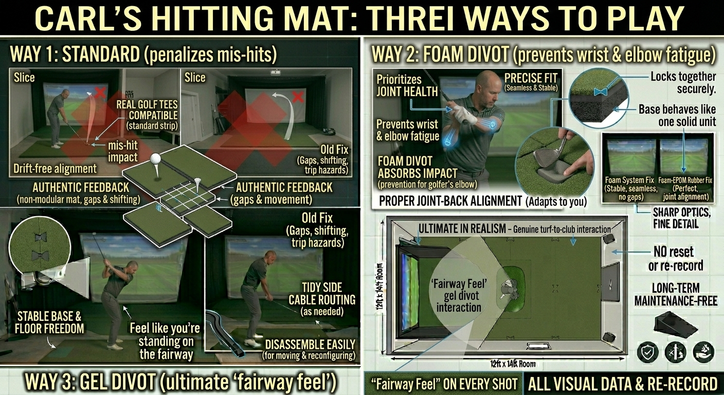 Diagram of Carl's hitting mat with three ways to play and features highlighted.