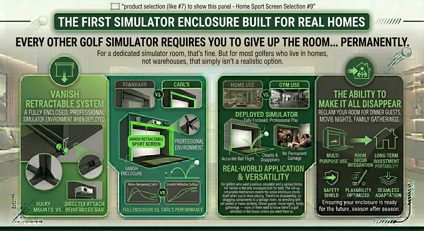 Advertisement for a golf simulator enclosure system with features listed on a green background.