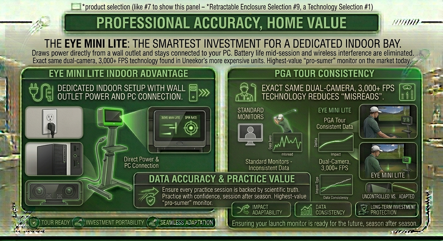 "Infographic for the EYE Mini Lite, highlighting its benefits for indoor golf practice. Features include wall outlet power, PC connection, and dual-camera technology for data accuracy. Emphasizes professional accuracy, consistent practice value, and investment portability."