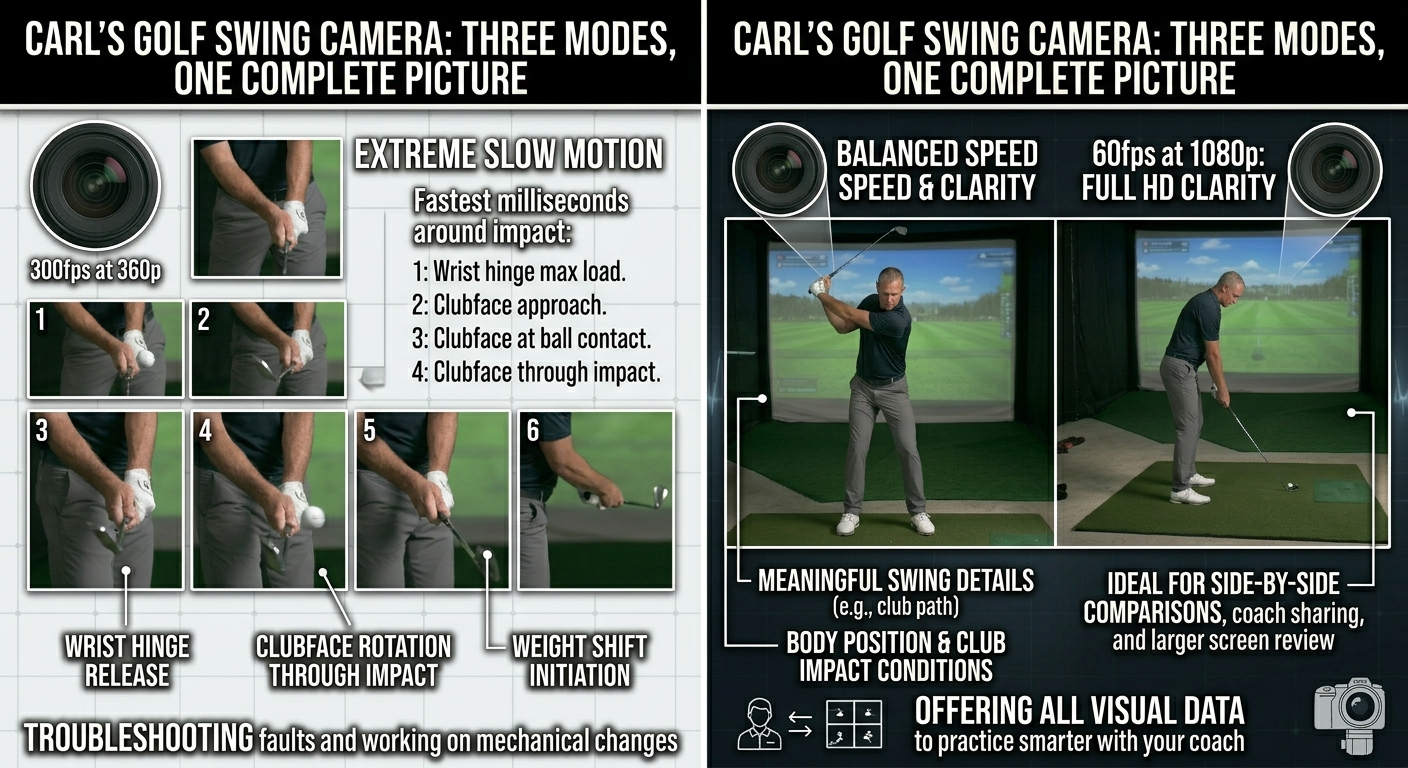 Golf swing camera demonstration with three modes on a black background