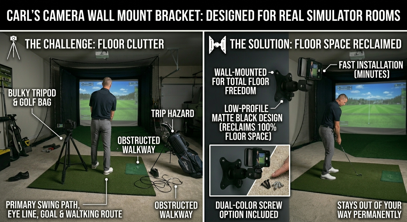 Advertisement for a camera wall mount bracket designed for golf simulator rooms, highlighting challenges and solutions.