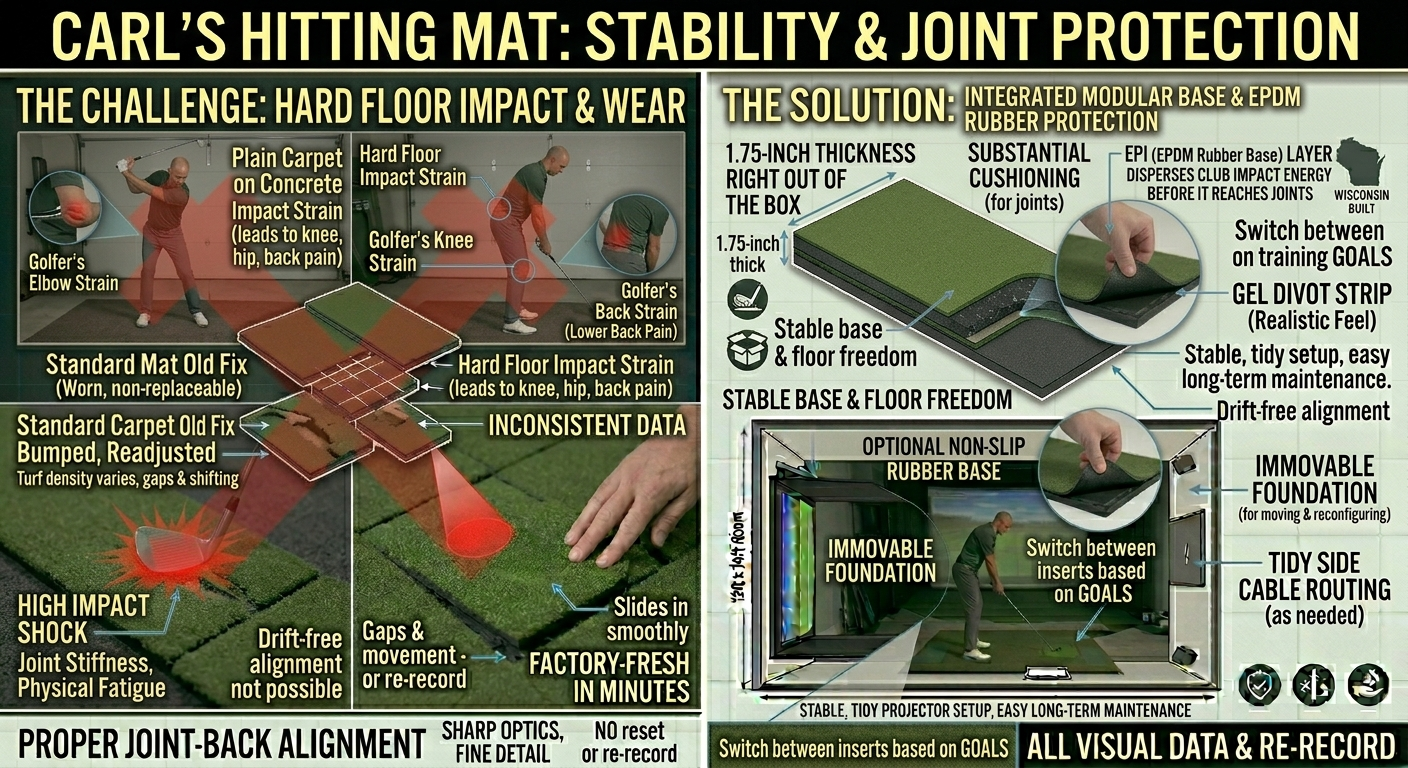 Technical diagram of Carl's hitting mat for stability and joint protection with text and images.