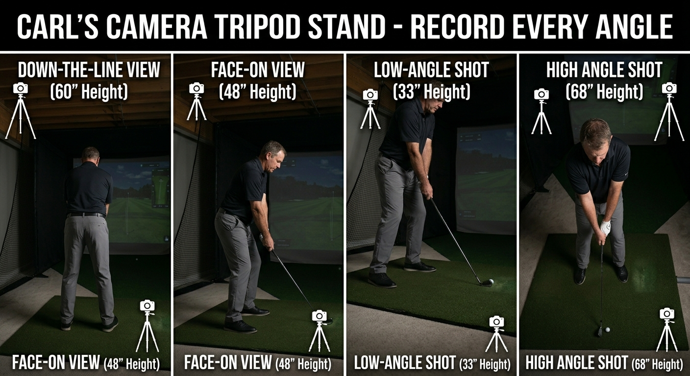 Golf simulator setup with Carl's camera tripod stand showing different shooting angles.