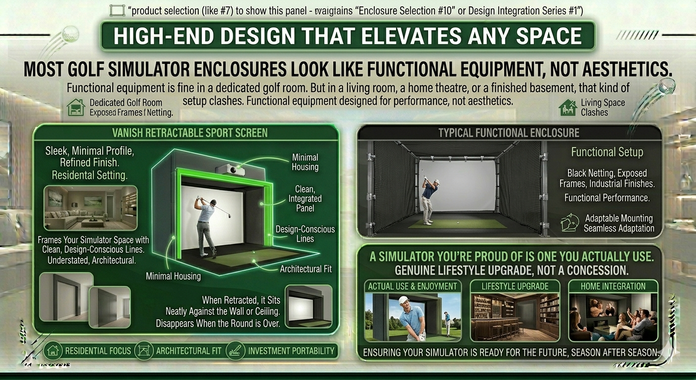 Advertisement for high-end golf simulator enclosures with features and benefits highlighted.