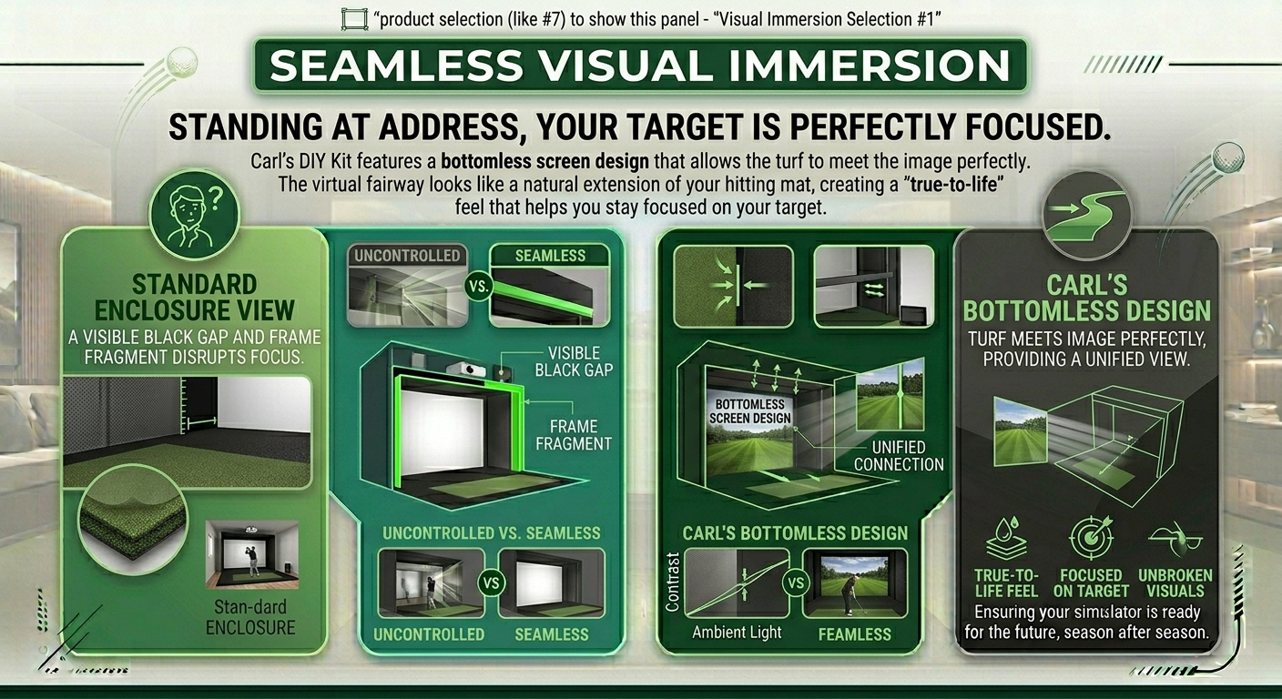 Technical diagram explaining seamless visual immersion with a bottomless screen design.