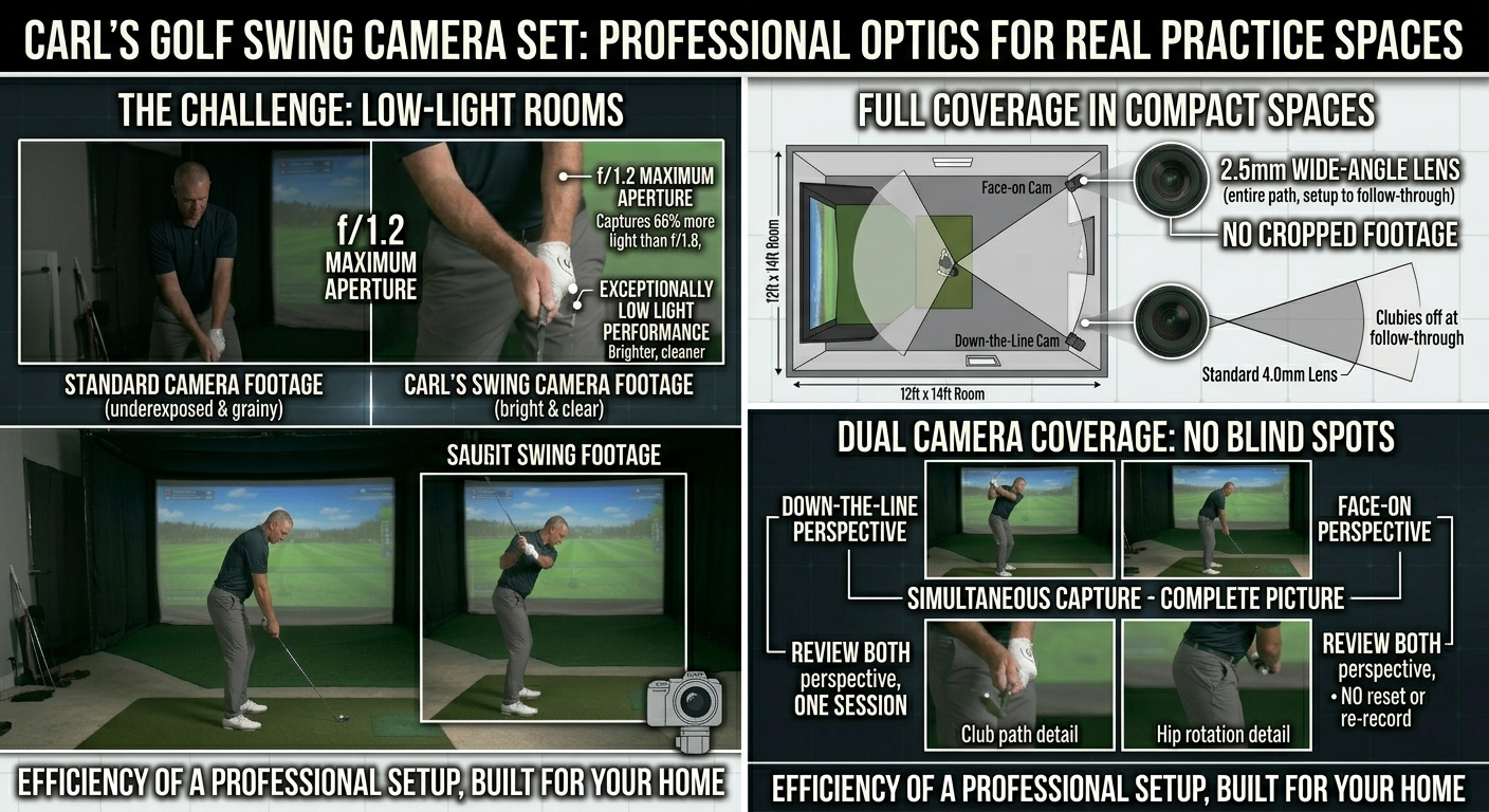Advertisement for Carl's Golf Swing Camera Set with features and benefits highlighted.