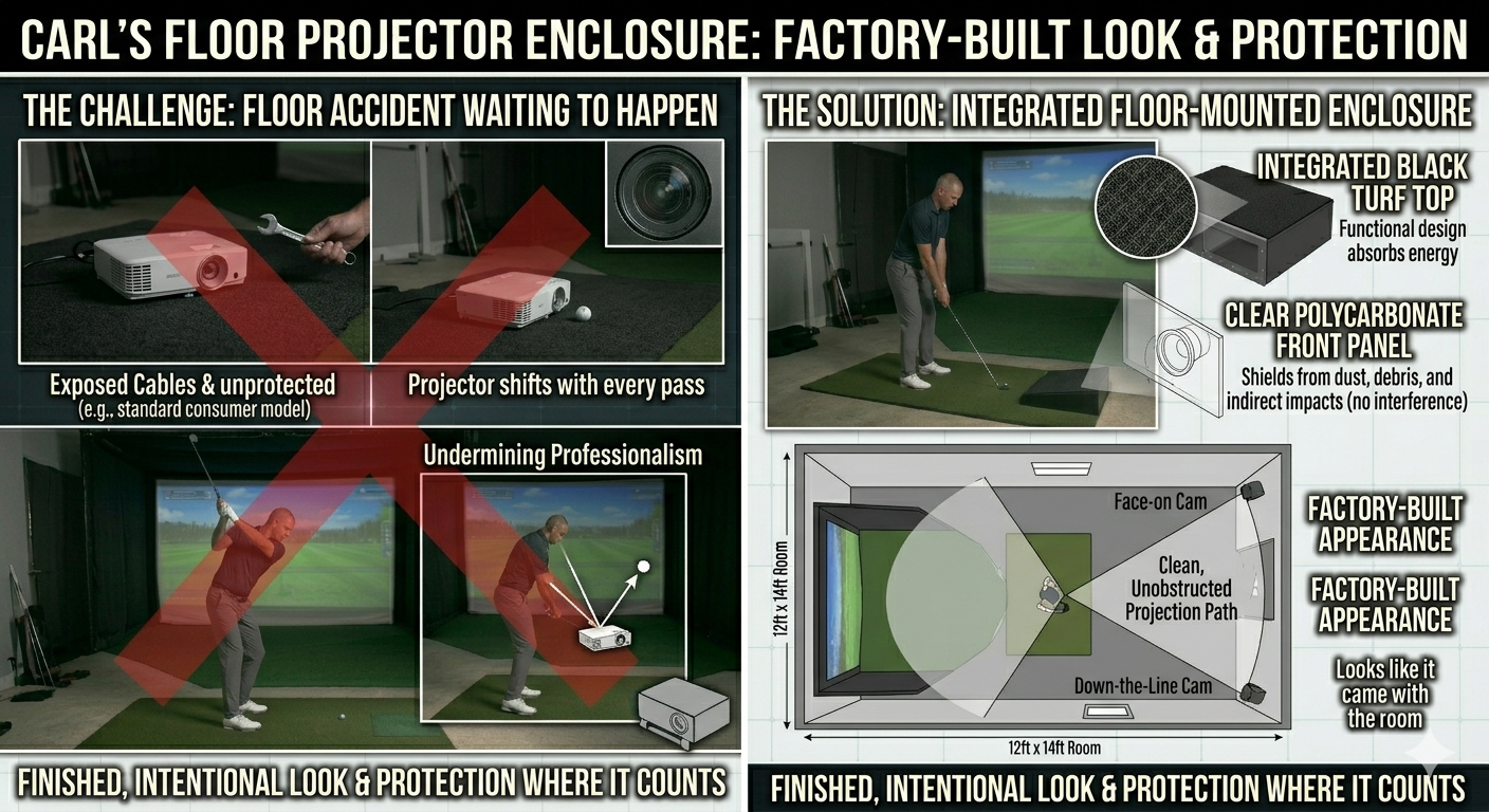Advertisement for Carl's floor projector enclosure with before and after scenarios.