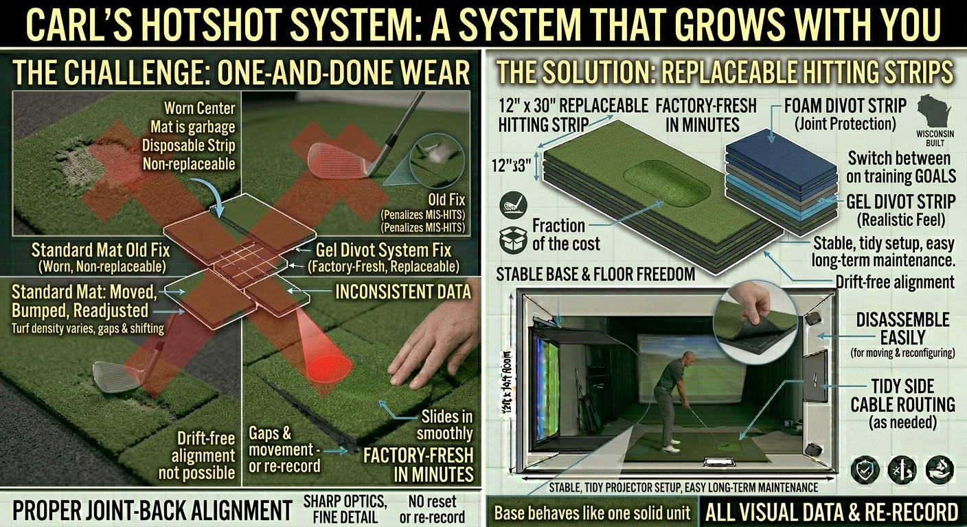 Diagram of Carl's Hotshot System for golf training equipment, showing components and benefits.