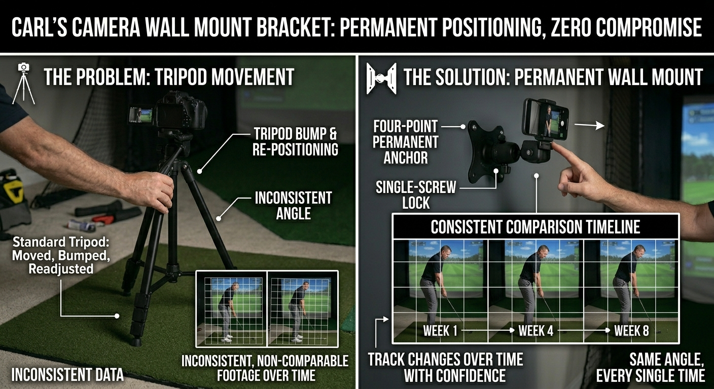 Advertisement for Carl's camera wall mount bracket with before and after scenarios.