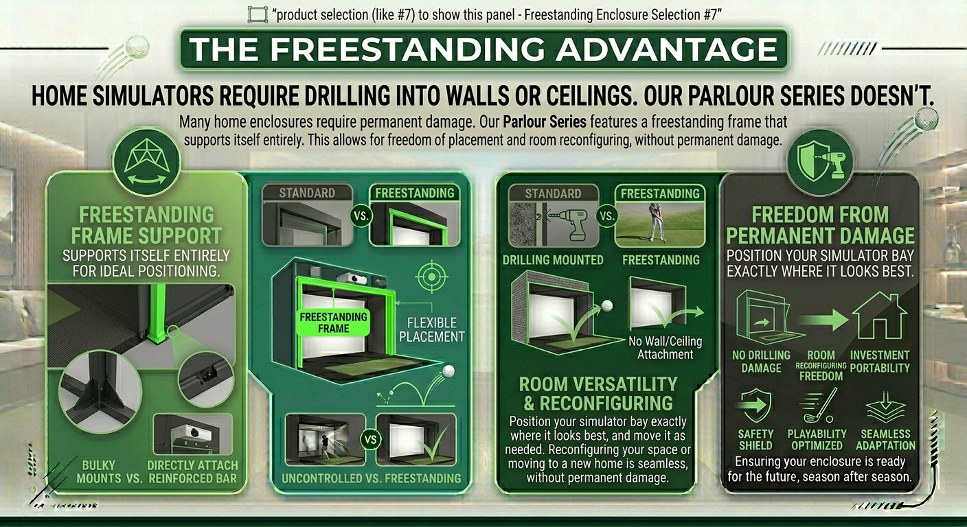 Advertisement for a home simulator series with freestanding frame support, highlighting benefits over traditional home enclosures.