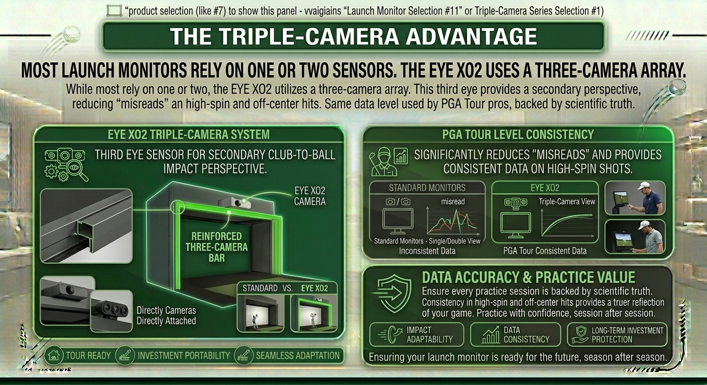 Technical diagram of a triple-camera system for launch monitors with text and graphics.