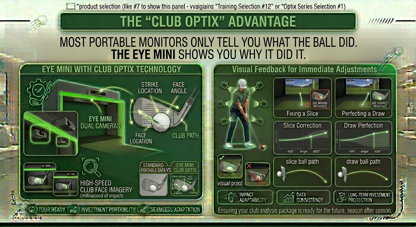 Advertisement for Club Optix golf monitoring system with text and graphics on a green background.