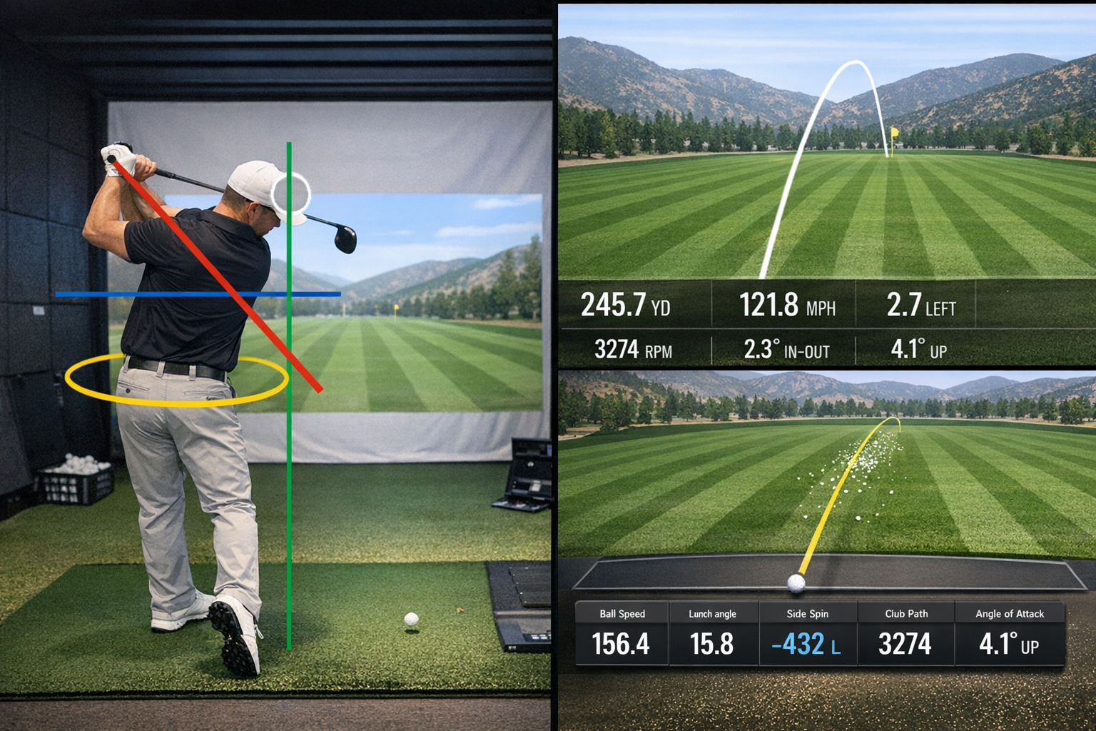 Golf simulator setup with a player's swing and on-screen graphics showing golf statistics.