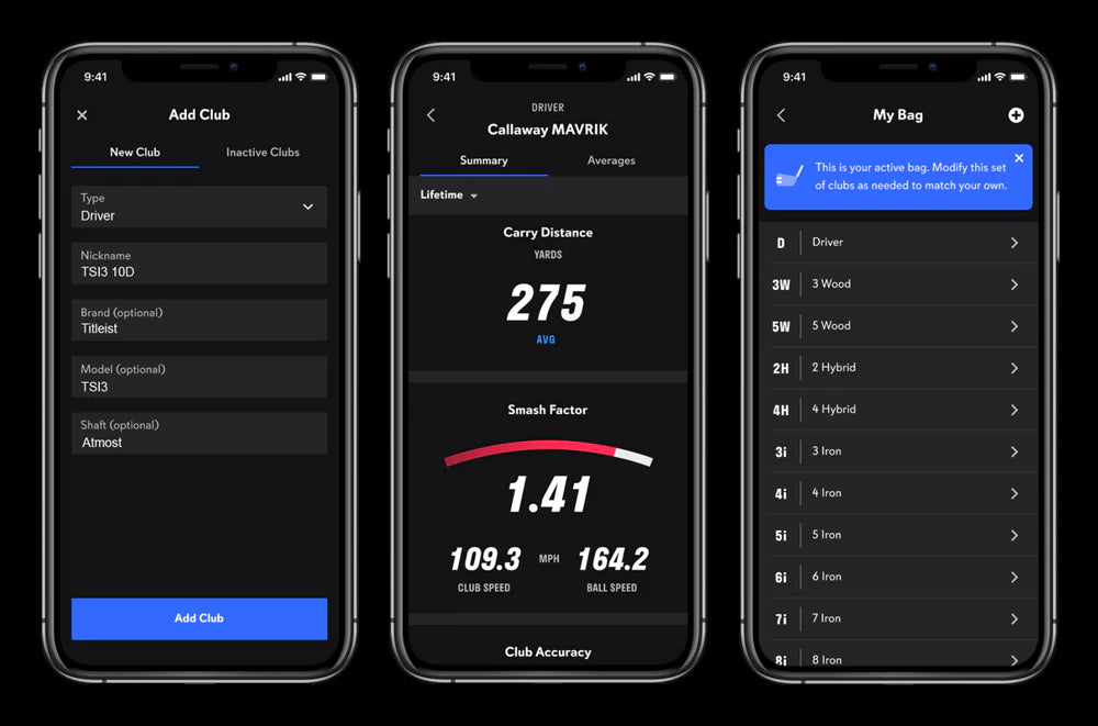 Three smartphone screens displaying a golf app with different functionalities.