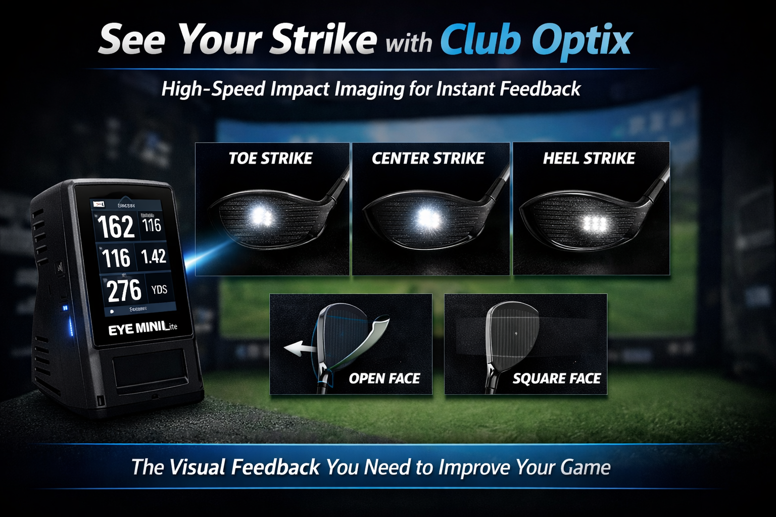 Advertisement for Club Optix high-speed impact imaging device with golf club graphics and text on a dark background.