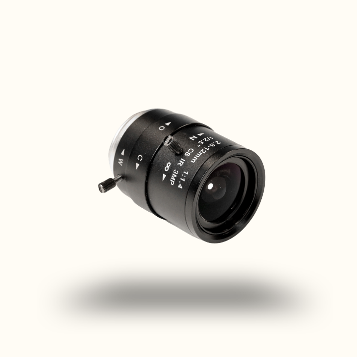 Camera lens with control knobs on a white background