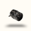 Camera lens with control knobs on a white background