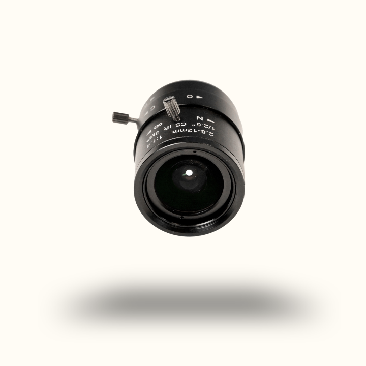 Camera lens with focus and aperture controls on a white background