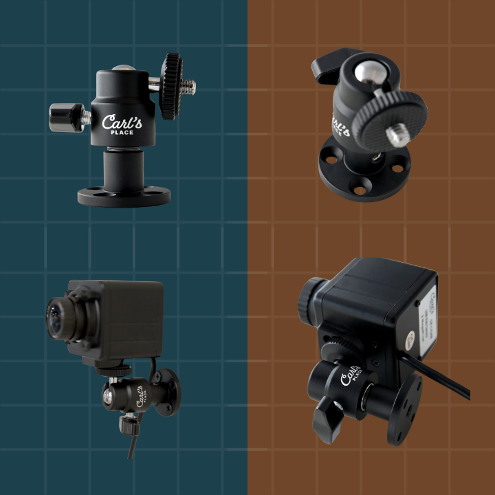 Four camera mounts on a grid background with 'Carl's Place' branding.