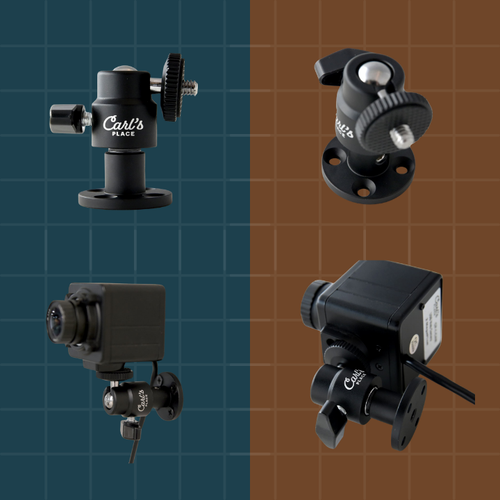 Four camera mounts on a grid background with 'Carl's Place' branding.