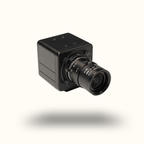 Black camera lens on a white background