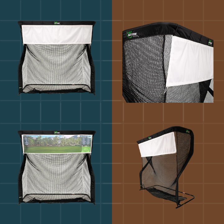 Golf practice net shown from multiple angles on a grid background