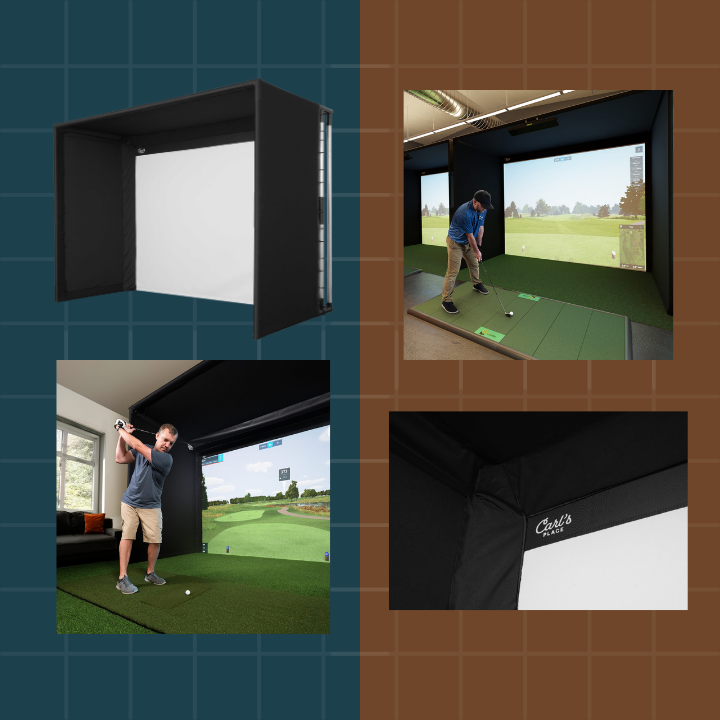 Collage of a golf simulator setup with a person using it.