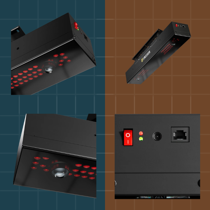 Black electronic device with red lights on a blue and brown grid background