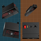 Black electronic device with red lights on a blue and brown grid background