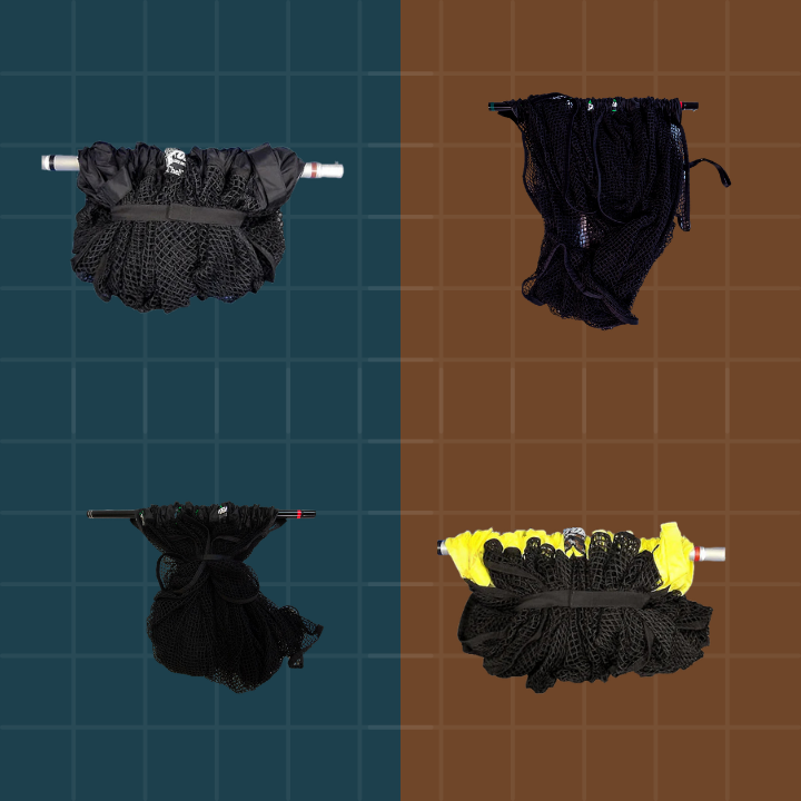 Black netting with attachments on a grid background