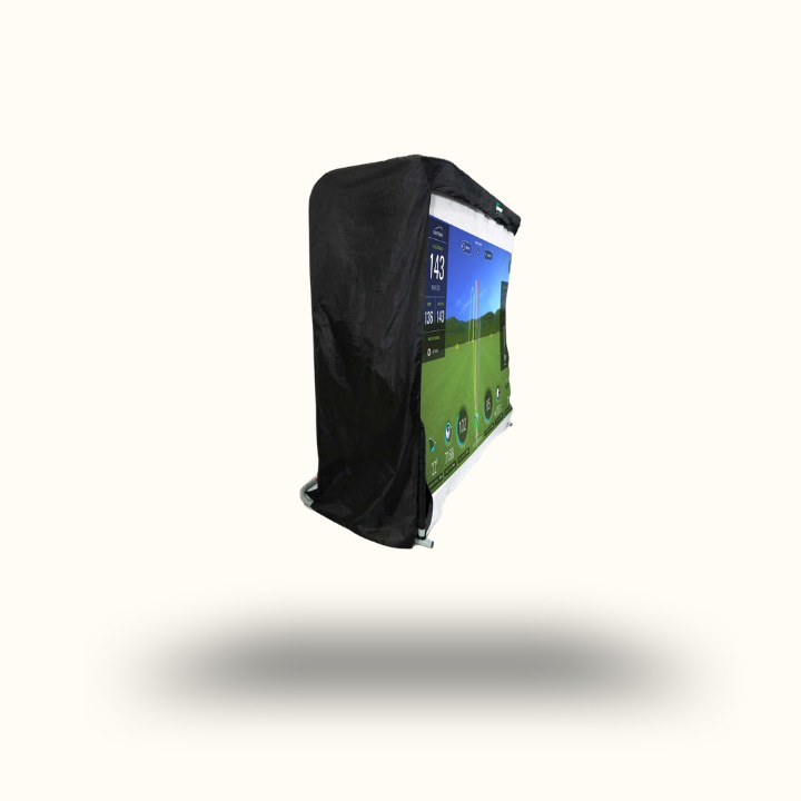 Black outdoor cover on a golf simulator screen with a white background