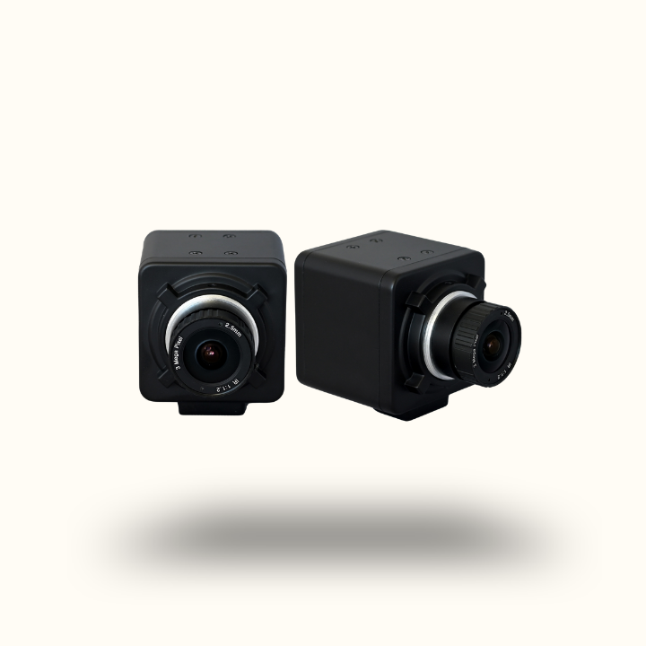Two black surveillance cameras on a white background