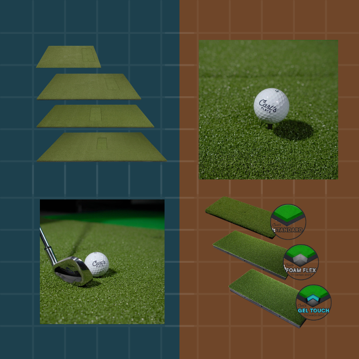 Golf mats with a golf ball and club on grass, showing different textures.