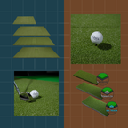 Golf mats with a golf ball and club on grass, showing different textures.