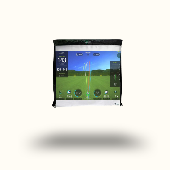 Golf training device screen displaying a golf course on a white background