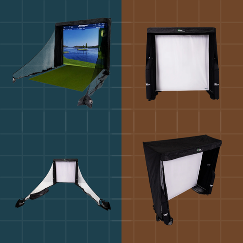 Four different views of a portable screen or display device on a grid background.