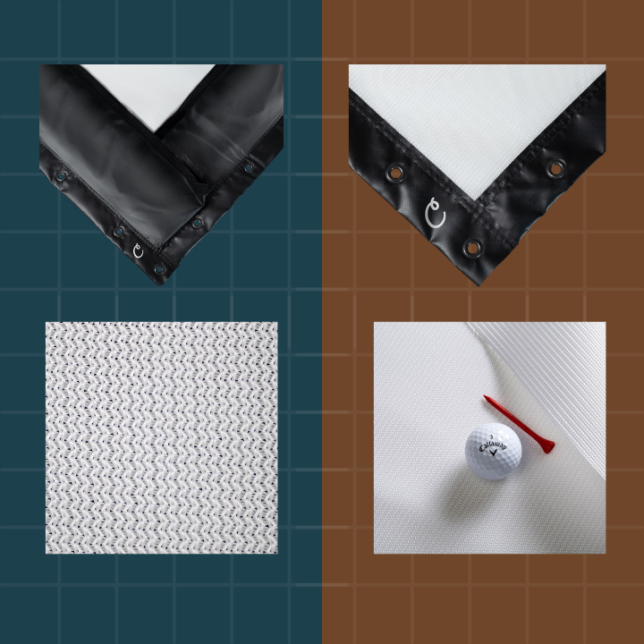 Collage of a black inflatable pool corner, white textured fabric, and a golf ball with club on a white surface.