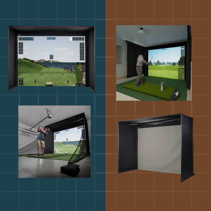 Collage of a golf simulator setup with a screen displaying a golf course and a person using it.