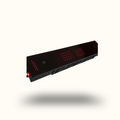 Black electronic device with red LED lights on a white background